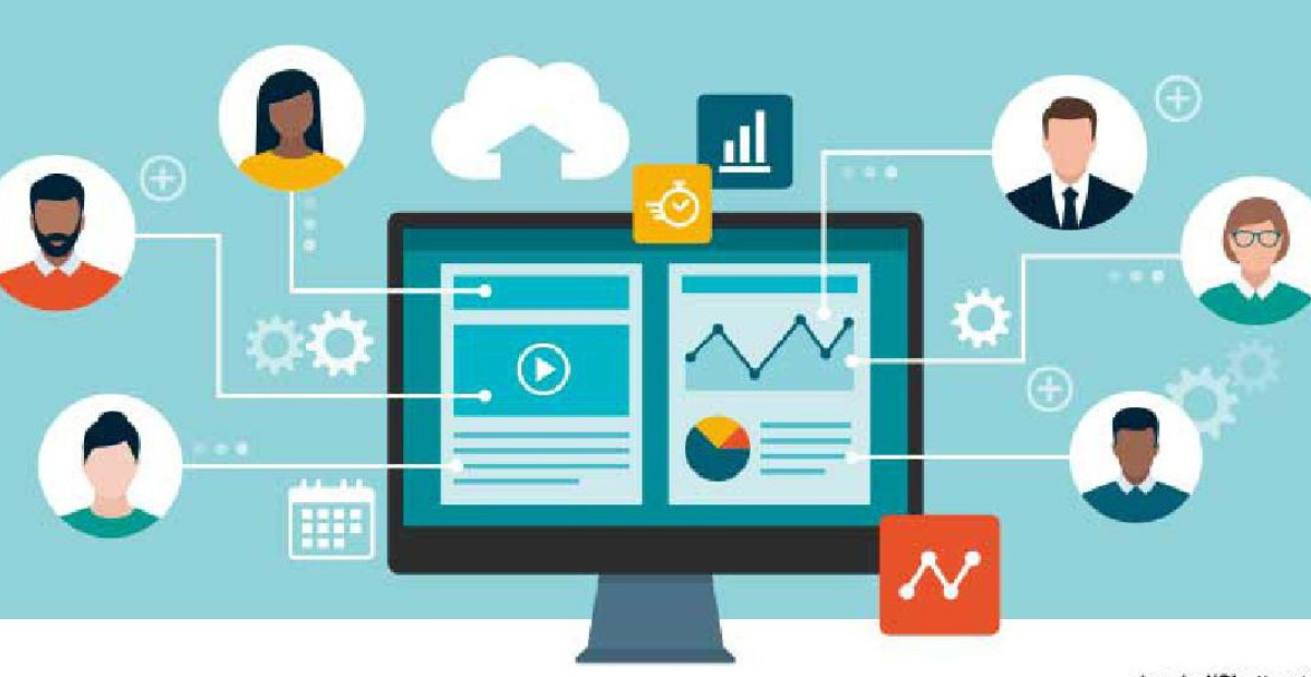 Communication is key | A desktop with pictures of employees hovering around it.