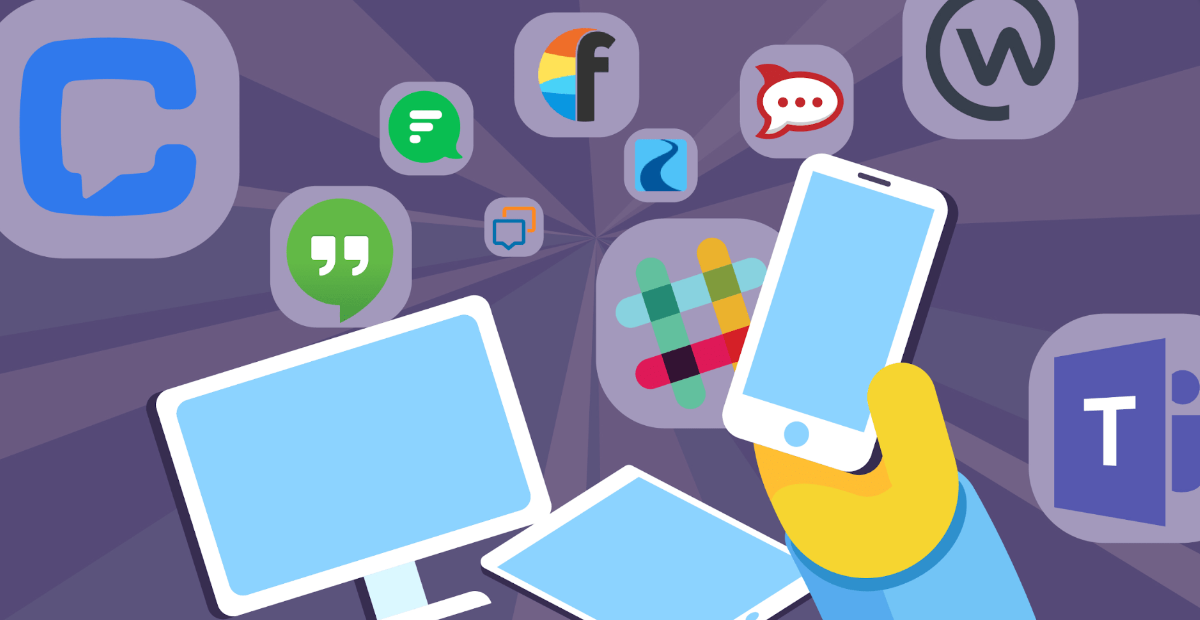 Provide work chat | Communication tools floating around a phone, desktop and an ipad.
