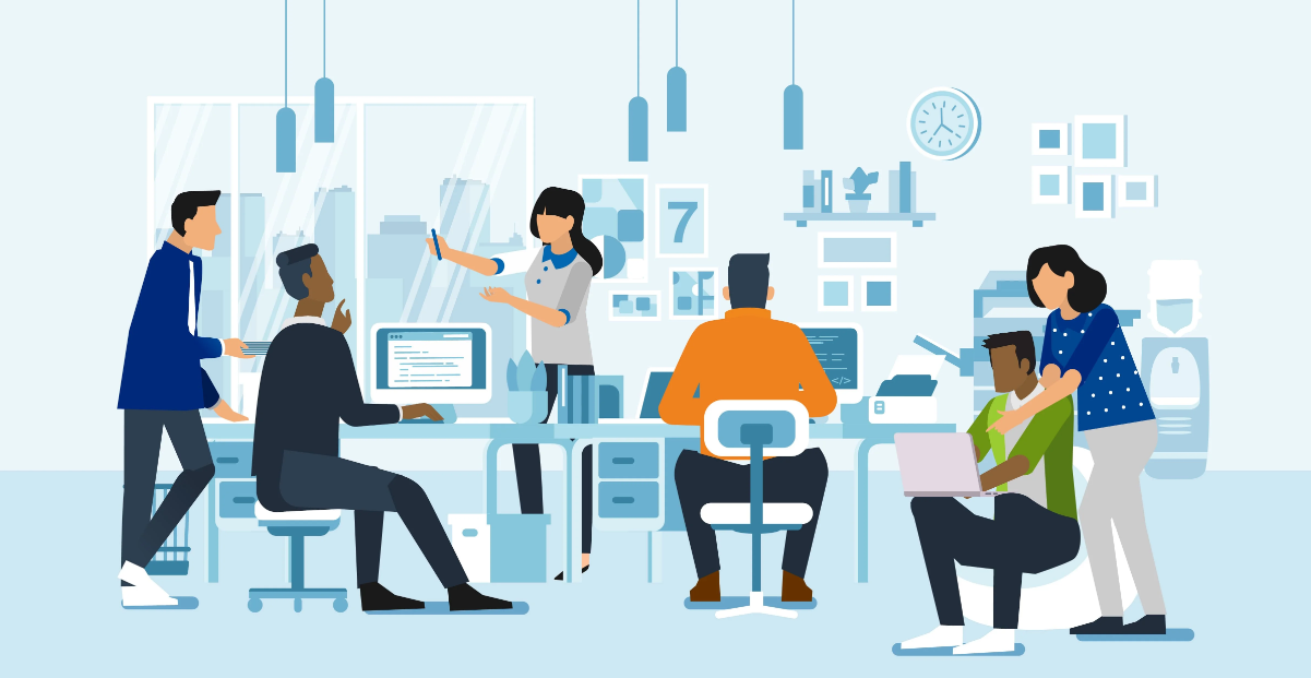 Encourage regular and company-wide connections | Employees interacting with one another