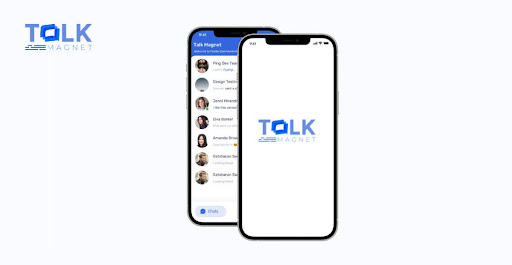 Talk Magnet's user-friendly Interface | An iPhone showing the Talk Magnet chat app and another showing the logo